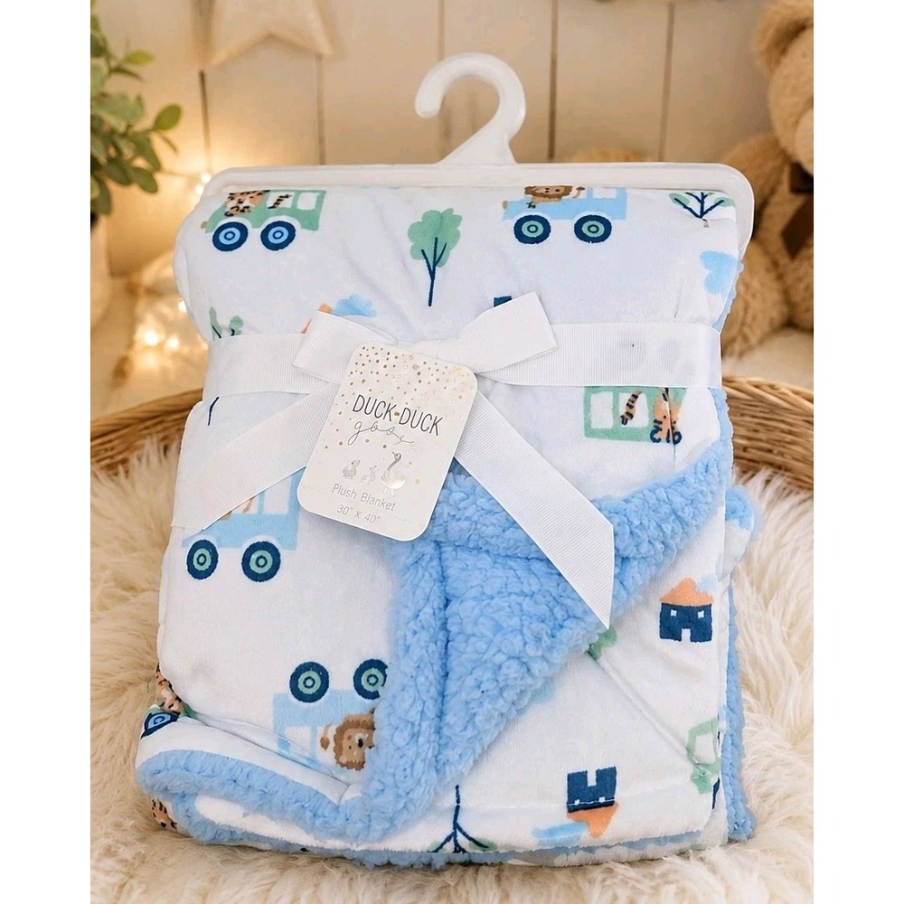 Duck Duck Goose Baby Plush Blanket 30x40 Blue Animal Train Nursery NEW